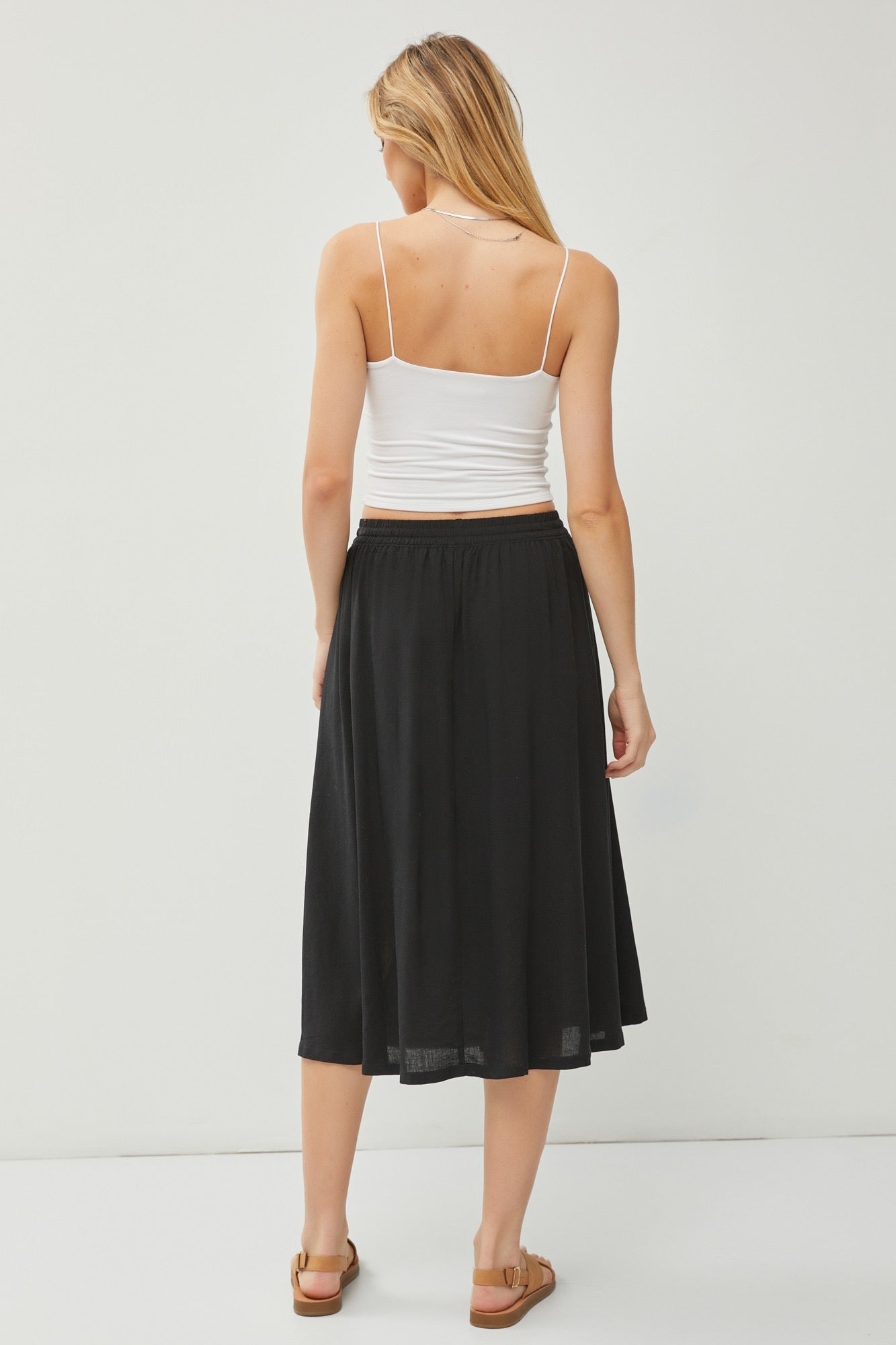 Linen Blend Drawstring A-Line Flare Midi Skirt