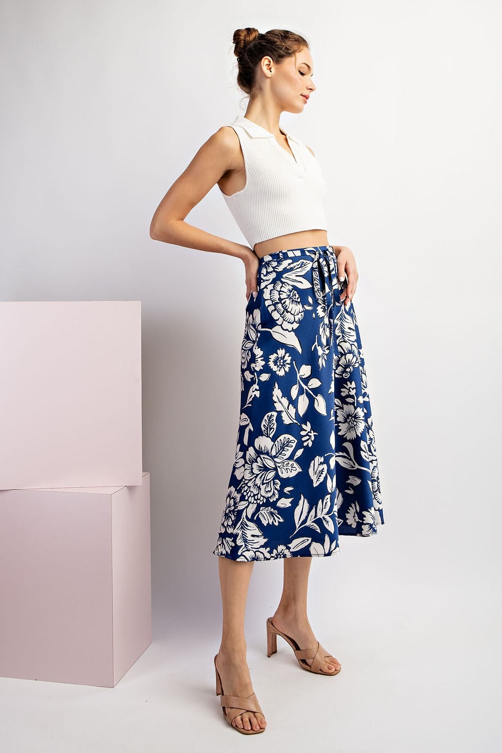 Floral Printed Tie Waist Midi Skirt